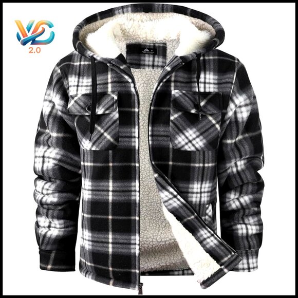 Men's Sherpa Lined Flannel Jacket Hoodie Full Zip Winter Outwear